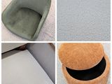 four different images of a chair and ottoman on a carpeted floor