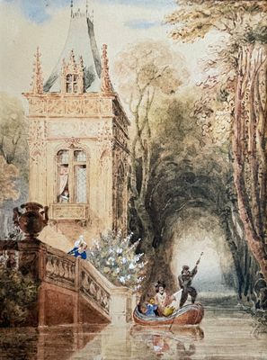 a painting of people in a boat on a river