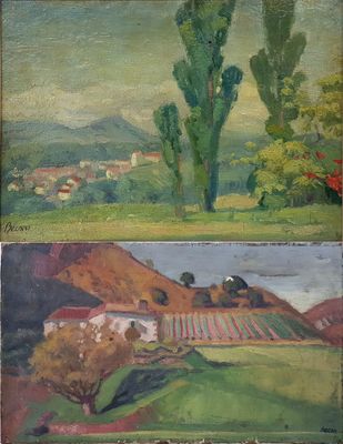 two paintings of a landscape with trees and a river