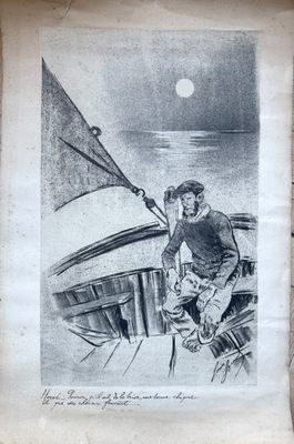 an old drawing of a man on a boat with a cat