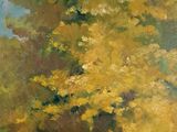 an oil painting of a tree with yellow flowers in a vase