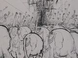 drawing of a group of elephants walking down a street in front of a tall building