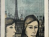 french poster of two women in front of the eiffel tower