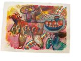 a picture of a painting of a horse and a bowl of fruit