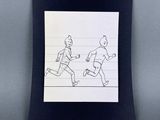 a drawing of a man and a woman running together