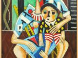 painting of a woman and child sitting on a chair in front of a window