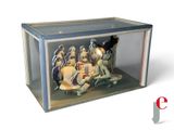 a glass box with a figurine of a group of people inside of it