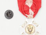 a medal and a button on a white surface