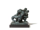 statue of a dog and a cat on a wooden base