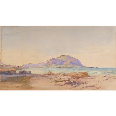 un tableau représentant un bateau sur la plage, avec une montagne en arrière-plan