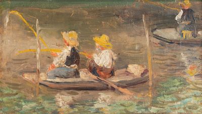 un tableau représentant un groupe de personnes sur un petit bateau