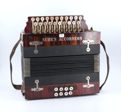 a black and brown accordion sitting on a white surface