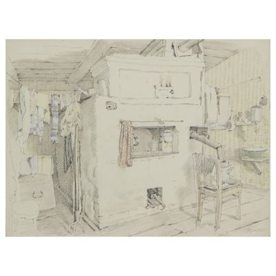 dessin représentant une cuisine avec une cuisinière et une chaise