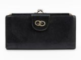 a black leather wallet purse with a metal clasp