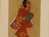an image of a painting of a woman in a red kimono