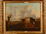 tableau représentant une vache et son veau dans un paysage, avec un arbre mort au premier plan