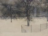 painting of a snowy landscape with a fence and trees in the foreground