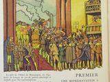 an open book with a drawing of a crowd of people in a room