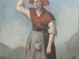 un vieux tableau représentant une femme portant un seau sur la tête