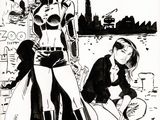 un dessin en noir et blanc représentant deux femmes devant un immeuble