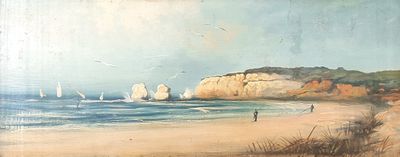 a painting of a beach scene with sailboats on the water