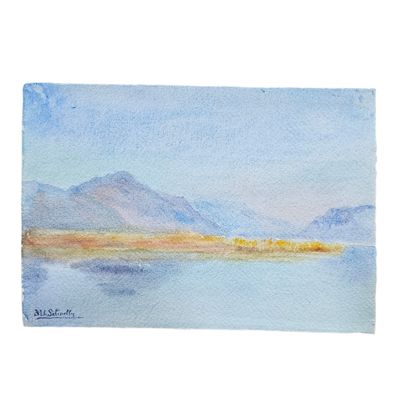 aquarelle représentant un lac avec des montagnes en arrière-plan
