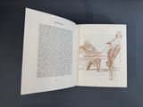 an open book with a drawing of a man and a woman sitting at a table
