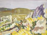 une peinture à l'huile représentant un paysage rocheux avec des fleurs jaunes au premier plan