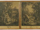 une paire de gravures anciennes représentant une femme et un homme dans un décor boisé