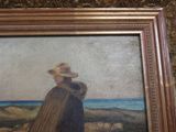 painting of a woman with a hat and a long dress standing in front of a body of water