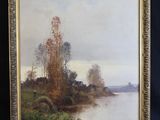 a painting of a river scene with trees and a body of water