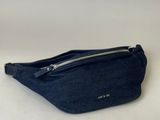 a blue fanny bag sitting on a white surface