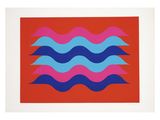 un motif représentant des vagues rouges, bleues et roses sur fond rouge