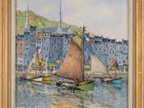 a painting of a sailboat in a harbor