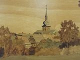 a picture of a painting of a church in the woods