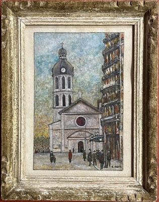 an oil painting of a church with a clock tower in the middle of it
