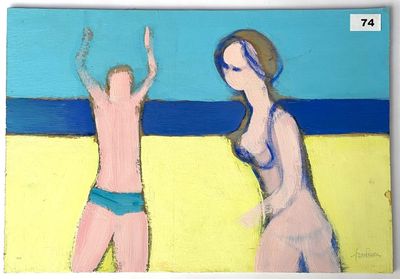 tableau représentant deux personnes sur une plage, avec un ciel bleu en arrière-plan
