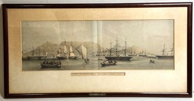 tableau représentant une scène portuaire avec des bateaux et des navires dans l'eau