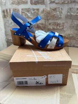 blue and white sandals on a cardboard box on a table