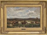 an oil painting of horses in a field with a castle in the background
