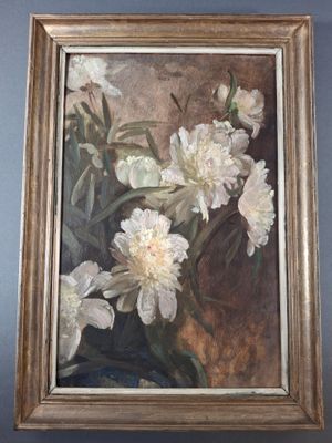 a painting of white flowers in a vase on the wall