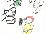 dessin représentant un homme tenant un cerf-volant et une femme tenant un bébé