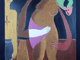 tableau représentant une femme en bikini avec un homme en arrière-plan