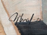 an oil painting of a black and white cat sitting on top of a wooden floor