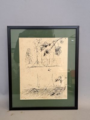 a picture of a picture of a man and a dog in a field
