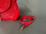 a red purse and a red leash on a table
