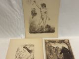 trois gravures anciennes représentant une femme et un homme sur fond blanc