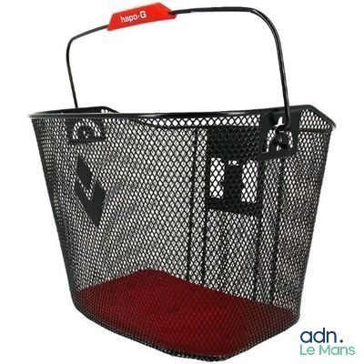 a black basket with a red handle on a white background