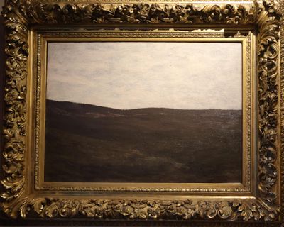 an oil painting of a landscape with hills and trees in a gold frame
