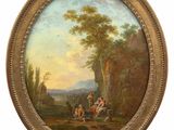 an oval painting of a man and woman sitting on a bench in a wooded setting